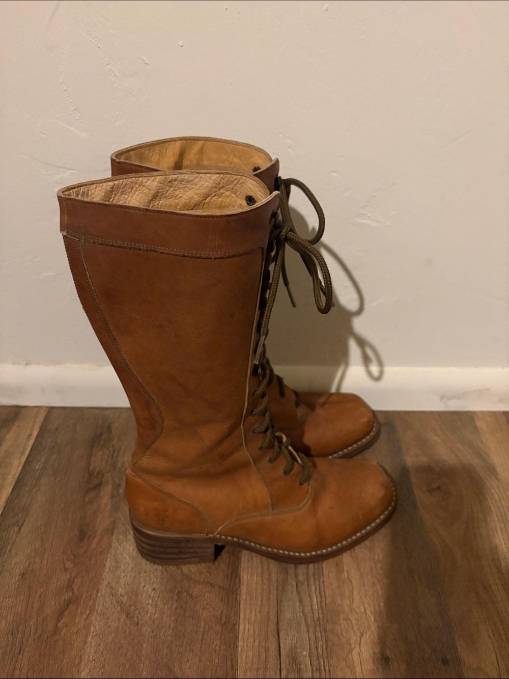 Frye Tall Lace-Up Leather Boots in Cognac Brown - Picture 6 of 17
